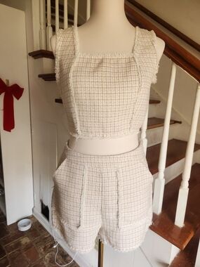 Textured Cream Tweed Crop Top & Shorts Set